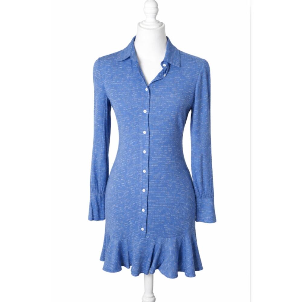 Derek Lam 10 Crosby Silk Blue Fit Flare Flounce Hem Preppy Long Sleeve Dress 0